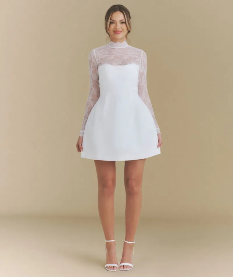 Sale Six Stories Lace Sleeve Cup Detail Mini Dress - White