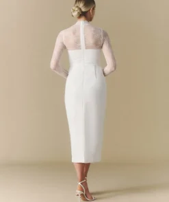 Clearance Six Stories Lace Sleeve Cup Detail Midi Dress - White