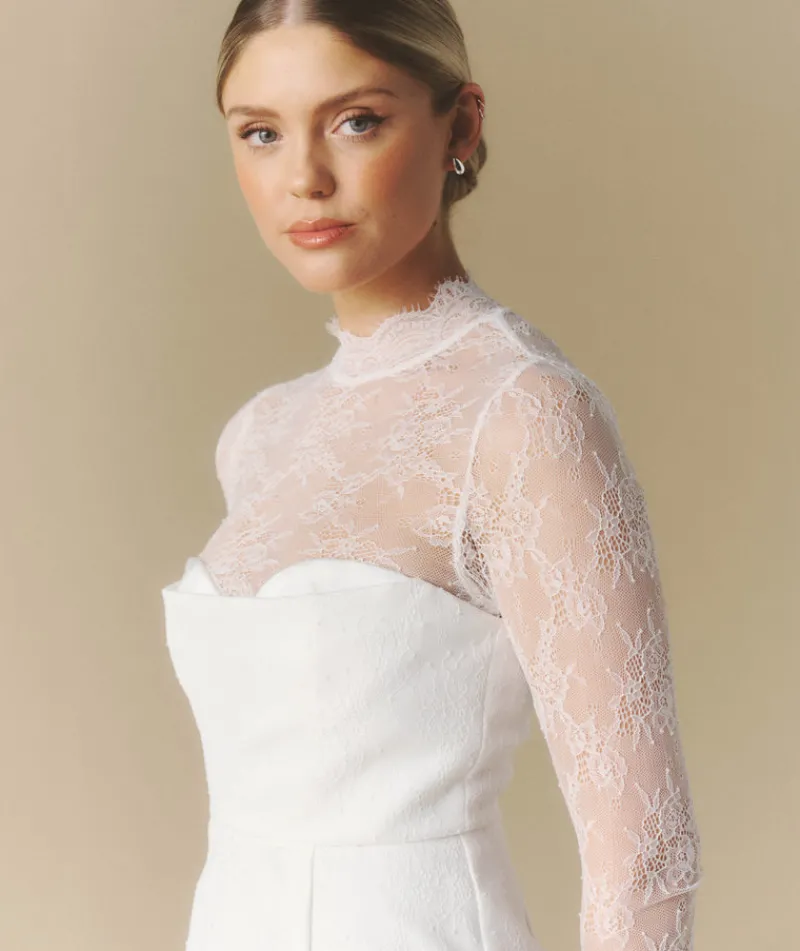 Clearance Six Stories Lace Sleeve Cup Detail Midi Dress - White