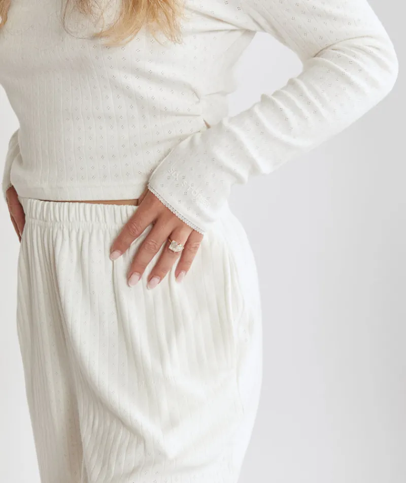 Sale Six Stories Long Sleeve Pointelle Pyjama Top & Wide Leg Trouser Pyjama Set - Coconut