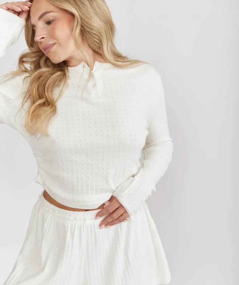 Sale Six Stories Long Sleeve Pointelle Pyjama Top & Wide Leg Trouser Pyjama Set - Coconut