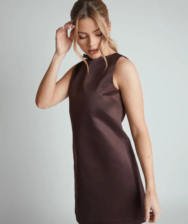 Sale Six Stories Mini Shift Bow Satin Dress - Chocolate Brown
