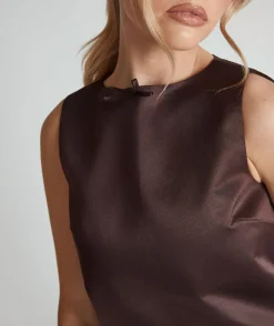 Sale Six Stories Mini Shift Bow Satin Dress - Chocolate Brown