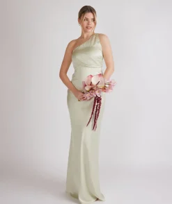 Online Six Stories One Shoulder Gathered Satin Bridesmaid Dress - Pear Green