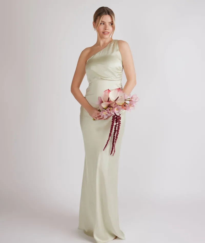 Online Six Stories One Shoulder Gathered Satin Bridesmaid Dress - Pear Green
