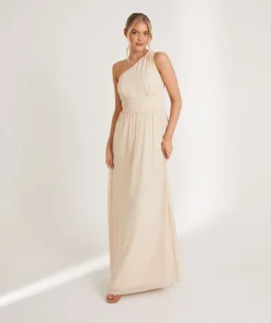 Clearance Six Stories One Shoulder Pleated Waist Chiffon Bridesmaid Dress - Butter Cream