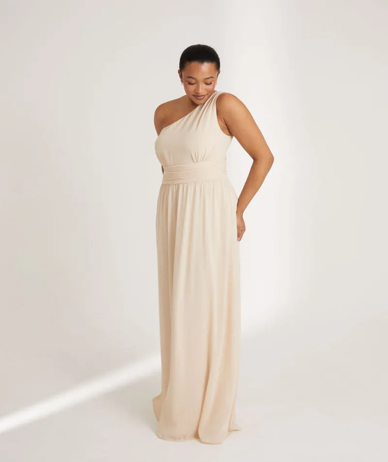 Clearance Six Stories One Shoulder Pleated Waist Chiffon Bridesmaid Dress - Butter Cream