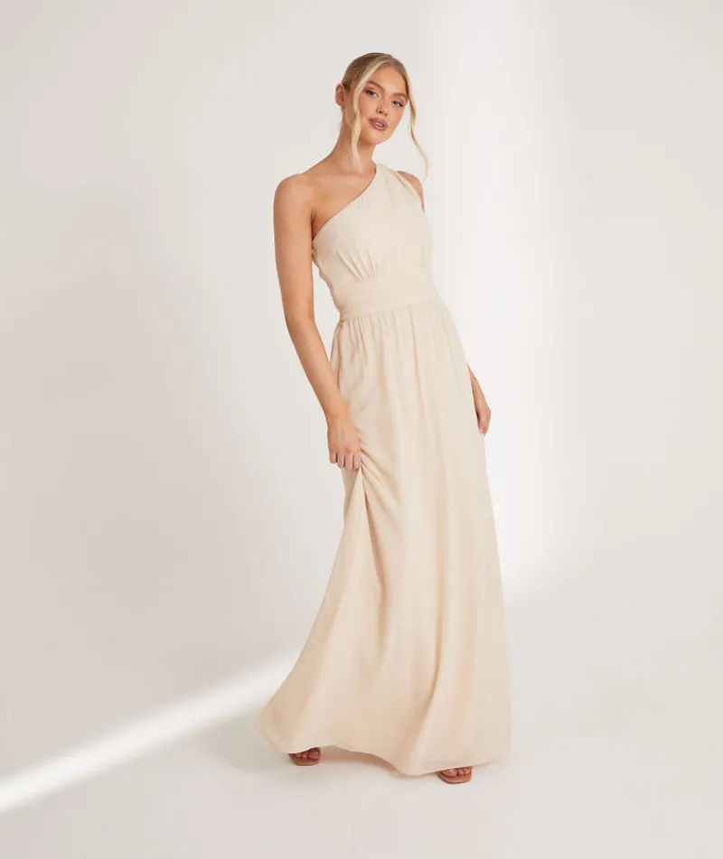 Clearance Six Stories One Shoulder Pleated Waist Chiffon Bridesmaid Dress - Butter Cream