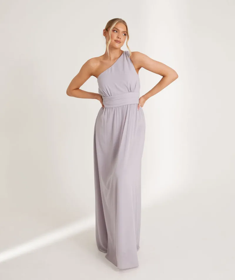 Online Six Stories One Shoulder Pleated Waist Chiffon Bridesmaid Dress - Dusty Lilac
