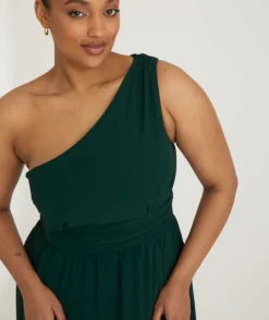 Discount Six Stories One Shoulder Pleated Waist Chiffon Bridesmaid Dress - Emerald