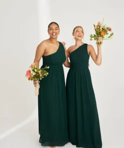 Discount Six Stories One Shoulder Pleated Waist Chiffon Bridesmaid Dress - Emerald