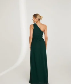 Discount Six Stories One Shoulder Pleated Waist Chiffon Bridesmaid Dress - Emerald