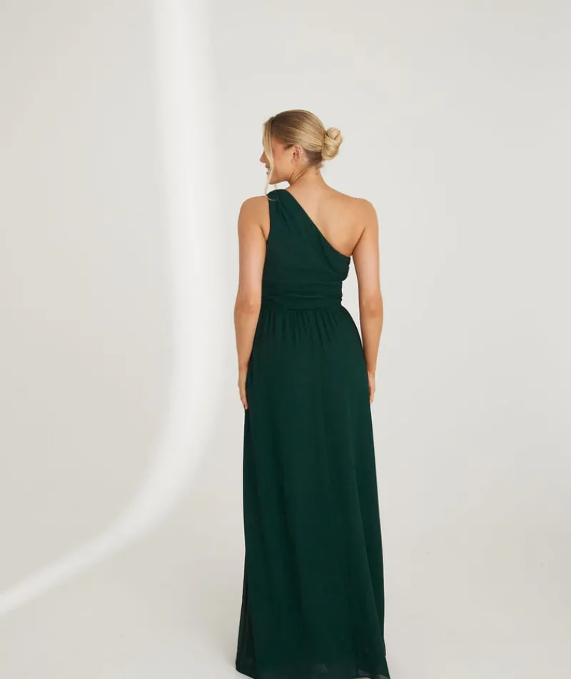 Discount Six Stories One Shoulder Pleated Waist Chiffon Bridesmaid Dress - Emerald