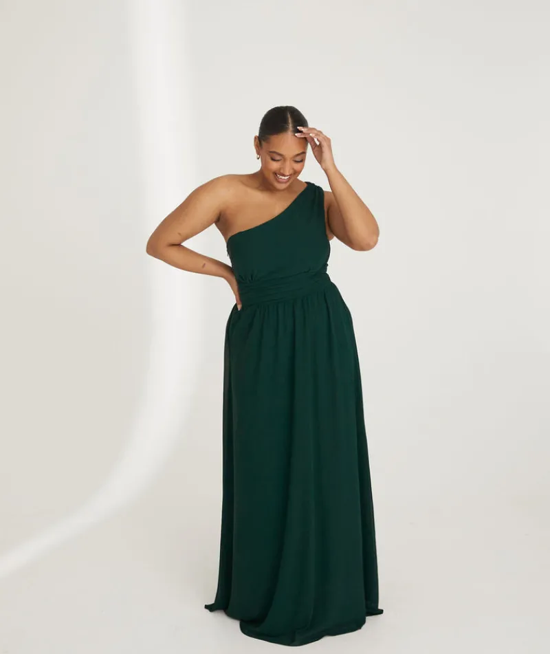 Discount Six Stories One Shoulder Pleated Waist Chiffon Bridesmaid Dress - Emerald