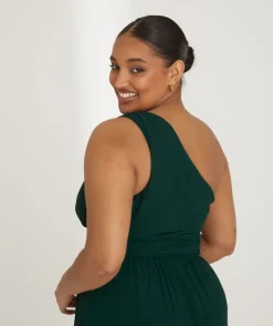 Discount Six Stories One Shoulder Pleated Waist Chiffon Bridesmaid Dress - Emerald