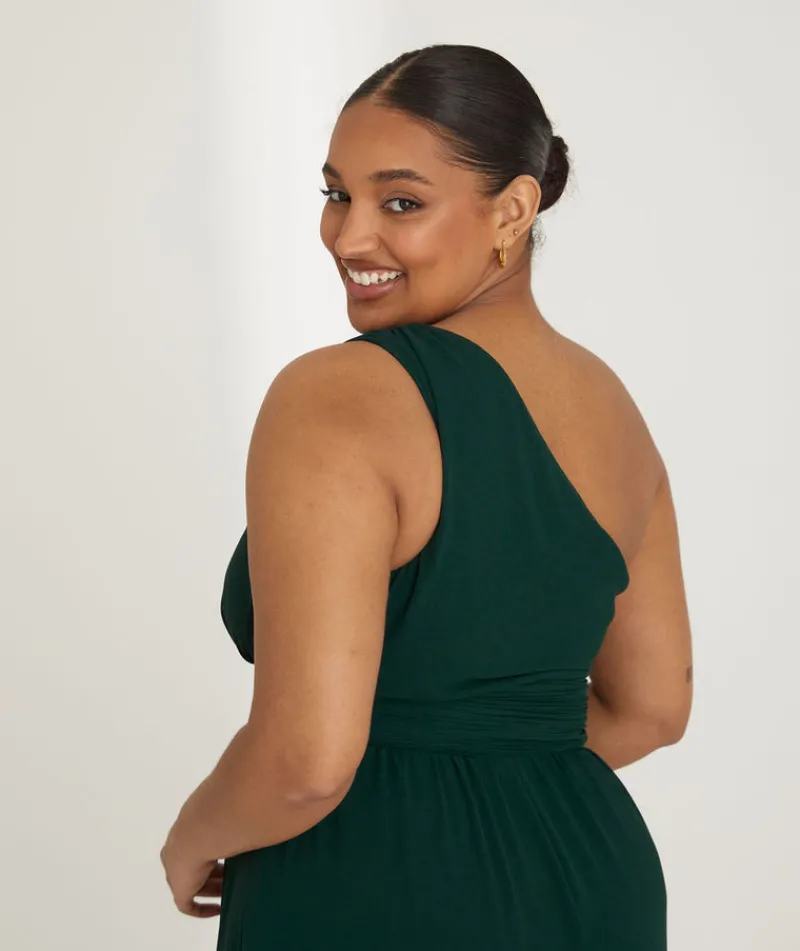 Discount Six Stories One Shoulder Pleated Waist Chiffon Bridesmaid Dress - Emerald