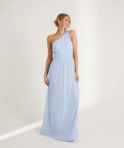 Clearance Six Stories One Shoulder Pleated Waist Chiffon Bridesmaid Dress - Cornflower Blue