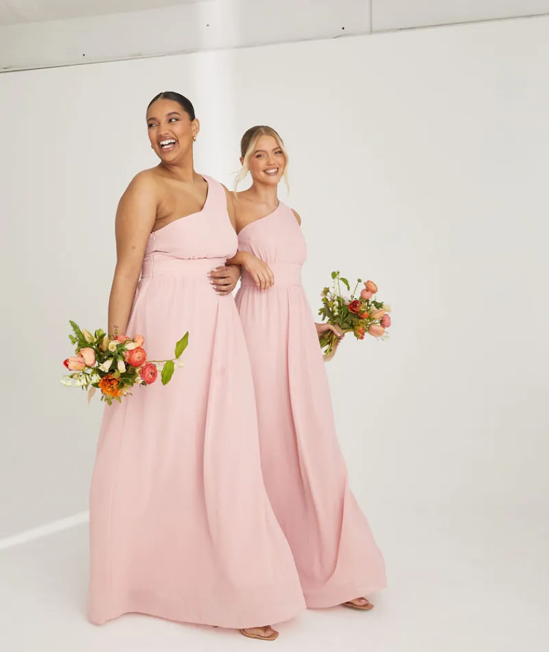 Outlet Six Stories One Shoulder Pleated Waist Chiffon Bridesmaid Dress - Peony Pink
