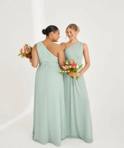 New Six Stories One Shoulder Pleated Waist Chiffon Bridesmaid Dress - Sage