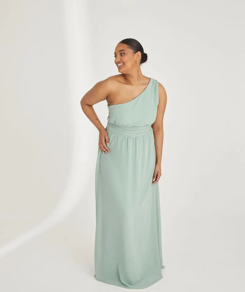 New Six Stories One Shoulder Pleated Waist Chiffon Bridesmaid Dress - Sage