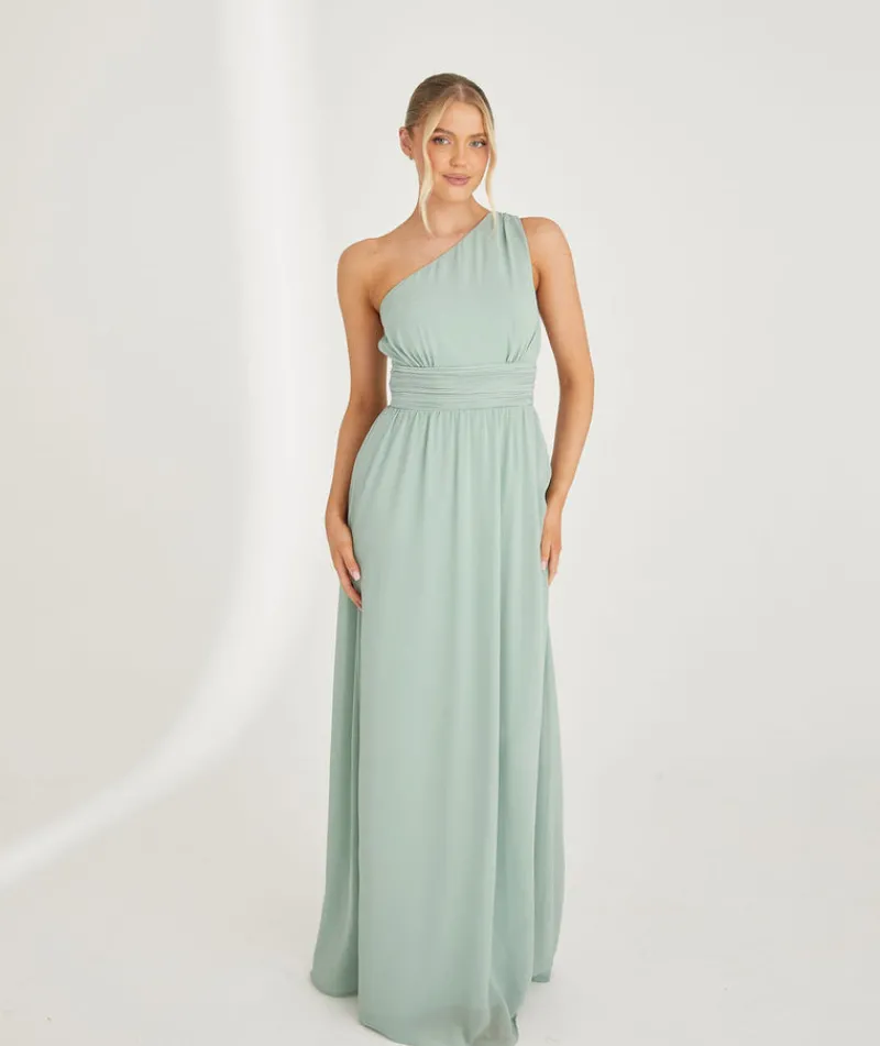 New Six Stories One Shoulder Pleated Waist Chiffon Bridesmaid Dress - Sage
