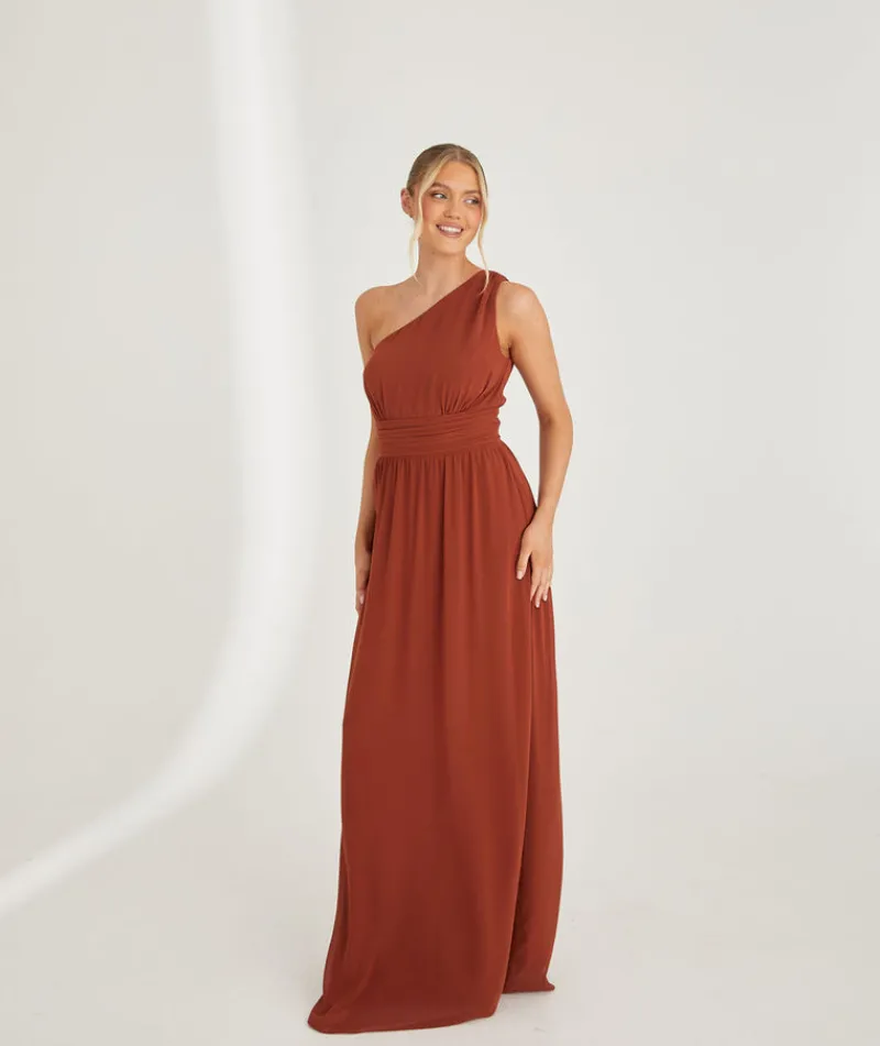 Six Stories One Shoulder Pleated Waist Chiffon Bridesmaid Dress - Rust