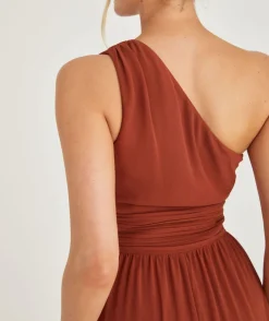 Six Stories One Shoulder Pleated Waist Chiffon Bridesmaid Dress - Rust