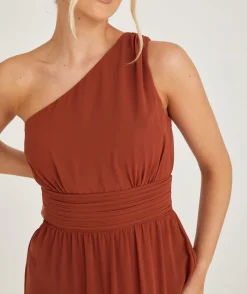 Six Stories One Shoulder Pleated Waist Chiffon Bridesmaid Dress - Rust