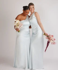 Sale Six Stories One Shoulder Ruched Satin Bridesmaid Dress - Ice Blue