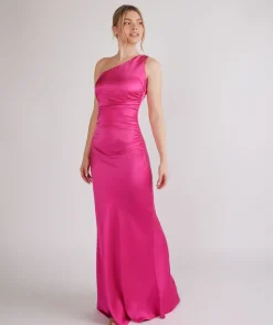 Sale Six Stories One Shoulder Ruched Satin Bridesmaid Dress - Fuchsia Pink