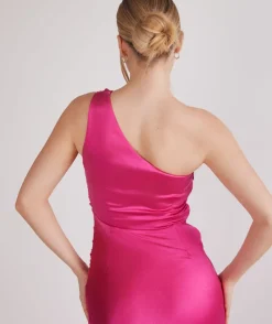 Sale Six Stories One Shoulder Ruched Satin Bridesmaid Dress - Fuchsia Pink
