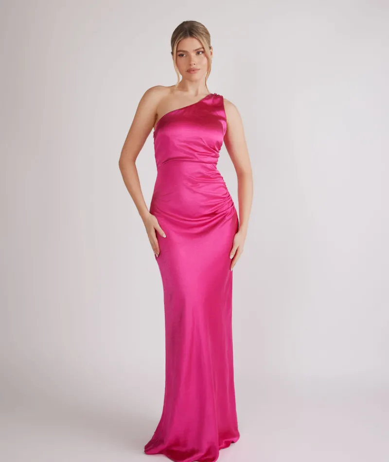 Sale Six Stories One Shoulder Ruched Satin Bridesmaid Dress - Fuchsia Pink