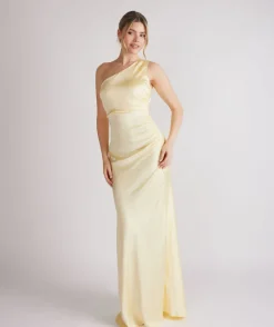 Discount Six Stories One Shoulder Ruched Satin Bridesmaid Dress - Butter Lemon