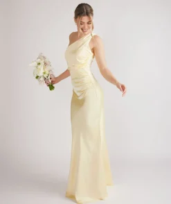 Discount Six Stories One Shoulder Ruched Satin Bridesmaid Dress - Butter Lemon