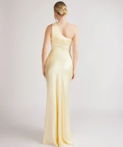 Discount Six Stories One Shoulder Ruched Satin Bridesmaid Dress - Butter Lemon