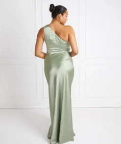 Discount Six Stories One Shoulder Satin Ruched Bridesmaid Dress - Sage