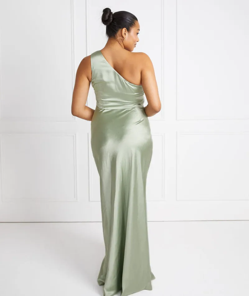Discount Six Stories One Shoulder Satin Ruched Bridesmaid Dress - Sage