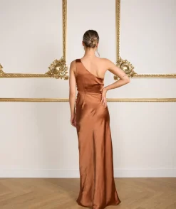 Online Six Stories One Shoulder Satin Ruched Bridesmaid Dress - Rust