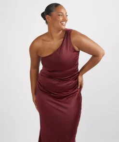 Discount Six Stories One Shoulder Satin Ruched Bridesmaid Dress - Deep Wine
