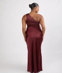 Discount Six Stories One Shoulder Satin Ruched Bridesmaid Dress - Deep Wine