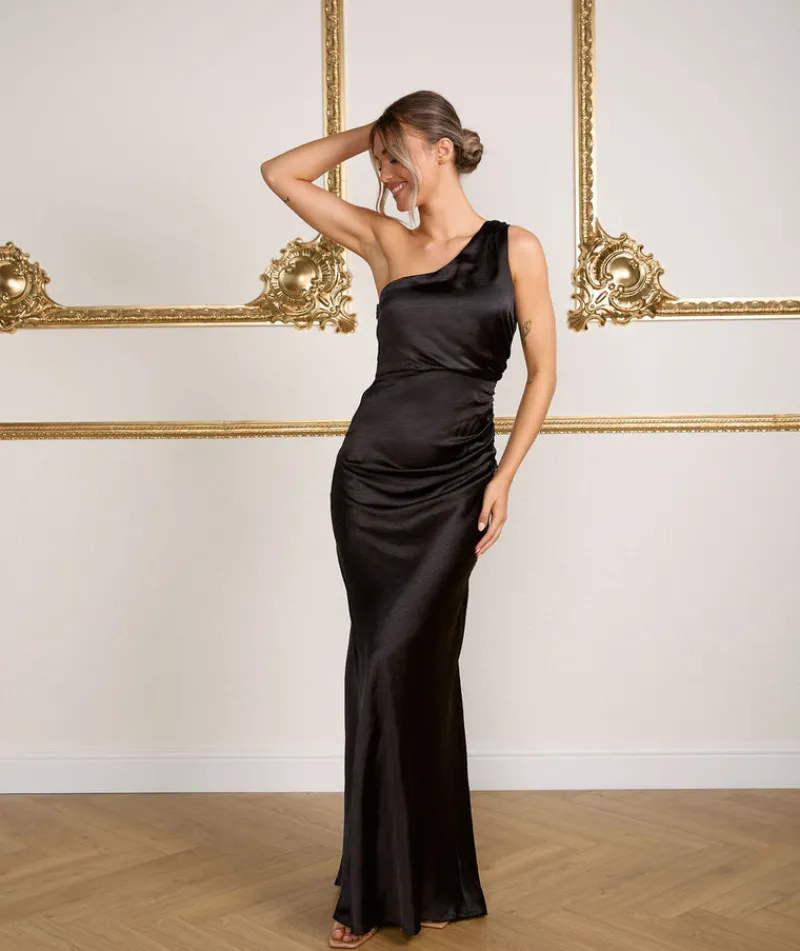 Discount Six Stories One Shoulder Satin Ruched Bridesmaid Dress - Black