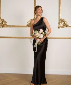 Discount Six Stories One Shoulder Satin Ruched Bridesmaid Dress - Black