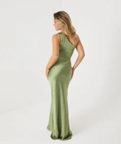 Clearance Six Stories One Shoulder Satin Ruched Bridesmaid Dress - Moss Green