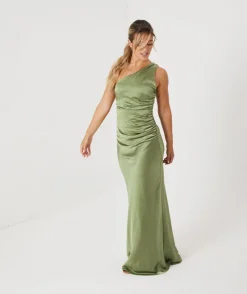 Clearance Six Stories One Shoulder Satin Ruched Bridesmaid Dress - Moss Green
