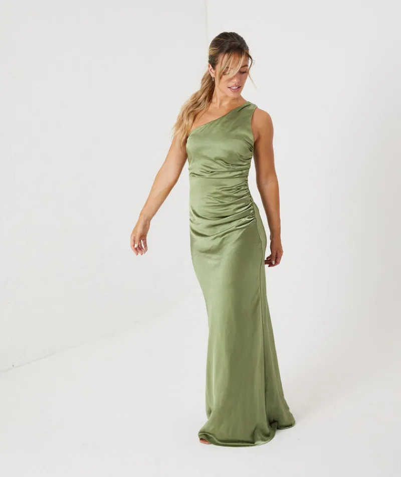 Clearance Six Stories One Shoulder Satin Ruched Bridesmaid Dress - Moss Green
