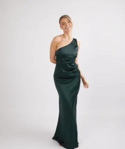 Discount Six Stories One Shoulder Satin Ruched Bridesmaid Dress - Emerald