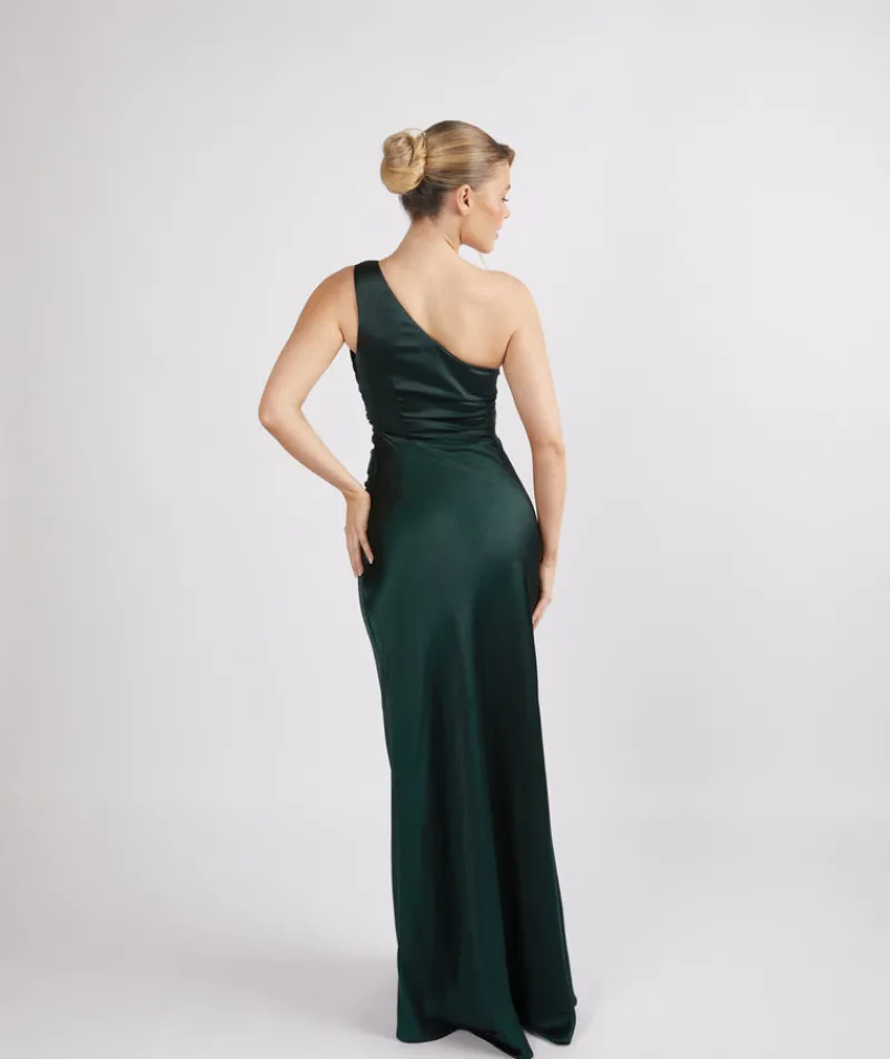 Discount Six Stories One Shoulder Satin Ruched Bridesmaid Dress - Emerald
