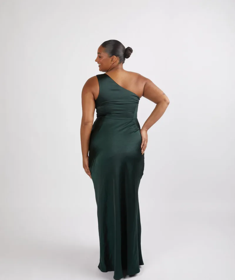 Discount Six Stories One Shoulder Satin Ruched Bridesmaid Dress - Emerald
