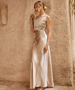 Outlet Six Stories One Shoulder Satin Ruched Bridesmaid Dress - Champagne