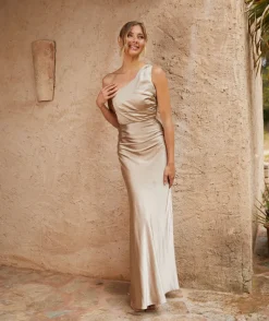 Outlet Six Stories One Shoulder Satin Ruched Bridesmaid Dress - Champagne